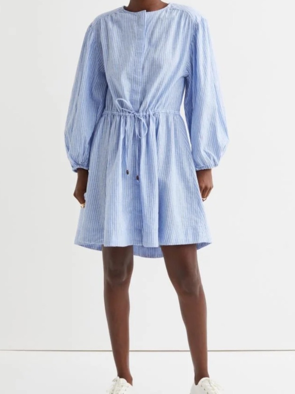H&M Blue and White Striped Linen-Blend Shirt Dress